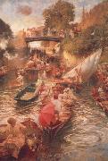 Edward john Gregory,RA.RI Boulter's Lock-Sunday Afternoon oil